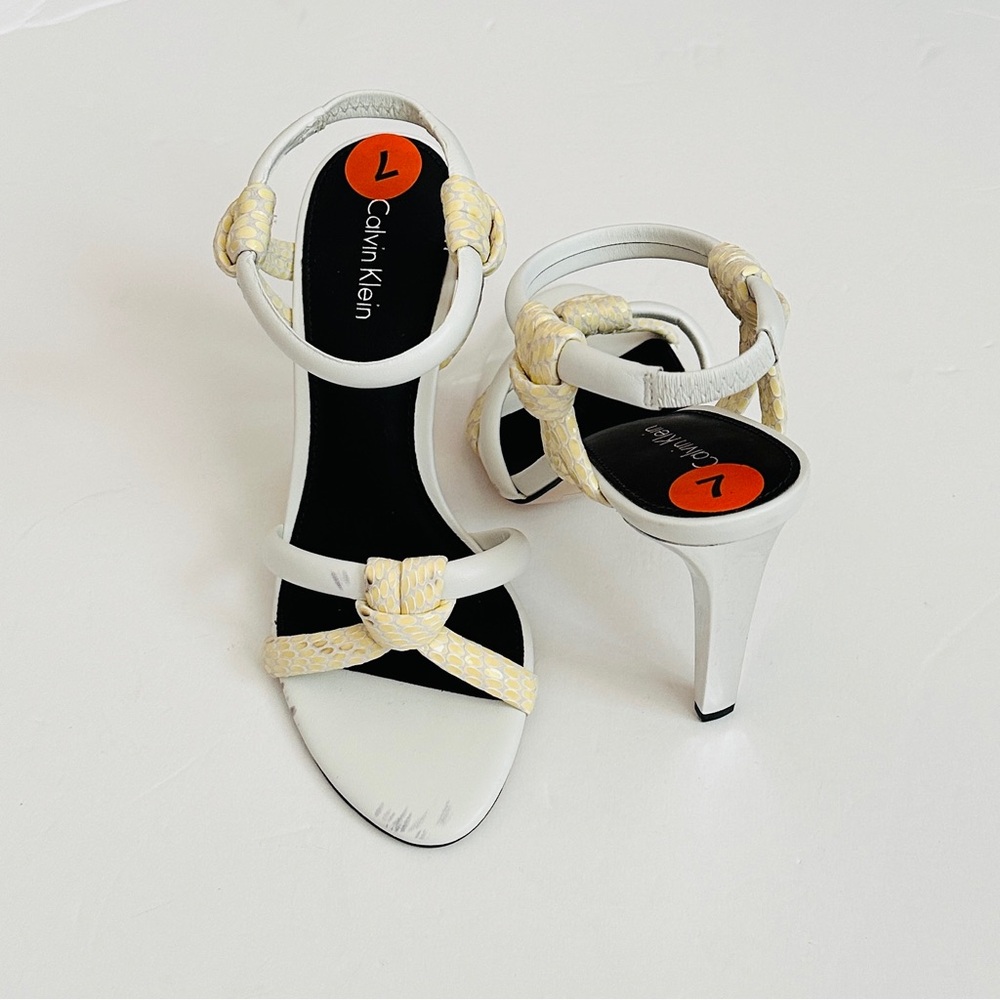 Calvin Klein White Heeled Sandals with Pale Yellow Braided Straps